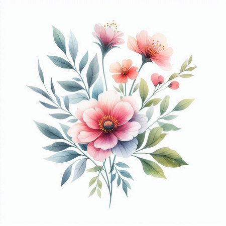Hand drawn watercolor floral bouquet isolated on white background. Pink and purple flowers with green leaves.の素材