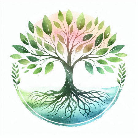 Watercolor tree with roots and leaves. Hand drawn vector illustration.の素材