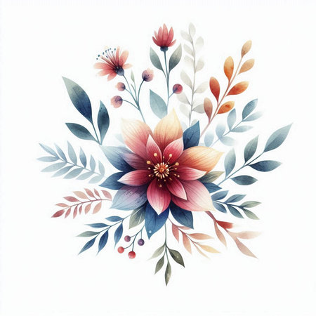 Hand drawn watercolor floral bouquet. Isolated on white background.の素材
