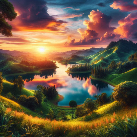 Beautiful landscape with lake and mountains at sunset. Digital painting.の素材