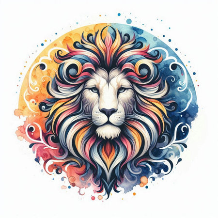 Lion head with colorful ornament on white background. Vector illustration.の素材
