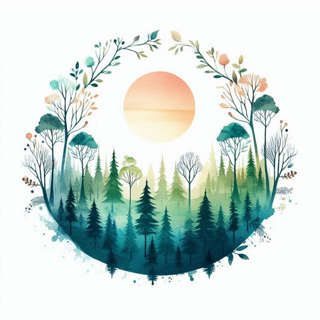 Watercolor landscape with forest and sun. Hand drawn illustration. Vector.の素材