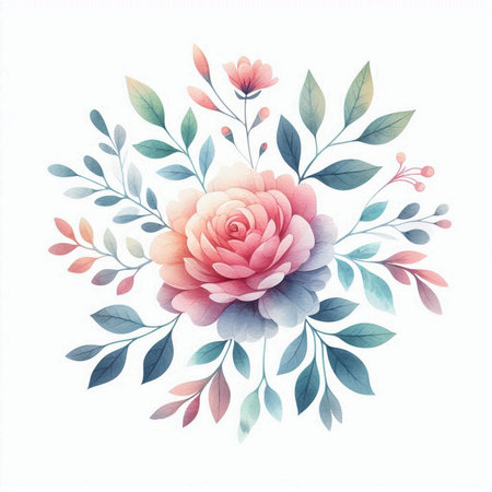 Watercolor floral bouquet with pink rose and blue leaves. Hand drawn vector illustration.の素材