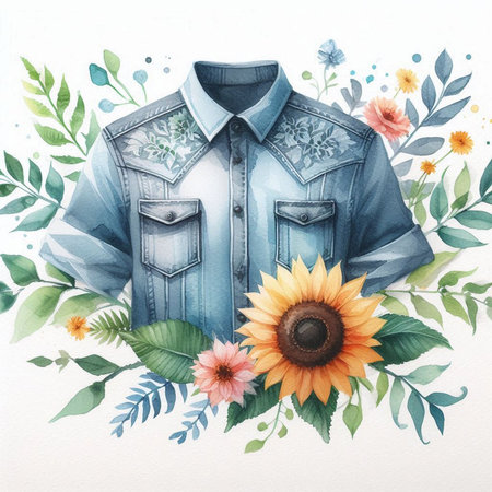 Hand drawn watercolor illustration of a blue shirt and sunflowersの素材