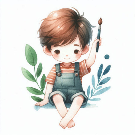 Cute little boy with paint brush and green leaves. Watercolor illustration.の素材