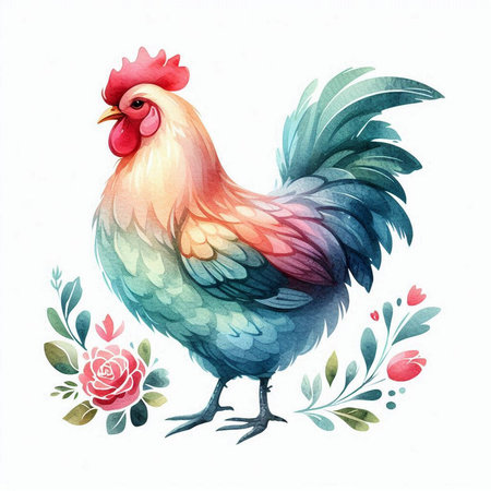 Hand drawn watercolor rooster isolated on white background. Watercolor illustration.の素材
