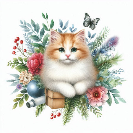 Cute kitten with floral wreath on white background. Watercolor illustration.の素材