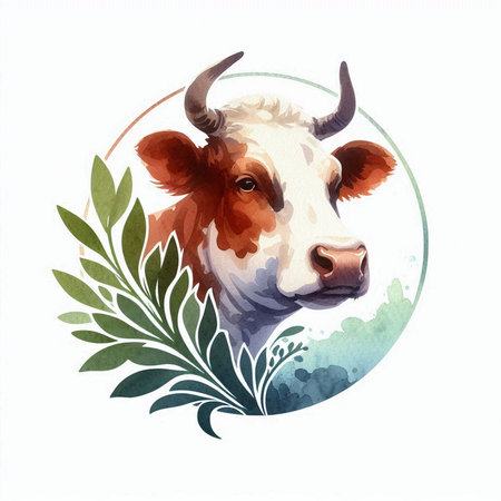 Watercolor illustration of a cow with a wreath of leaves.の素材