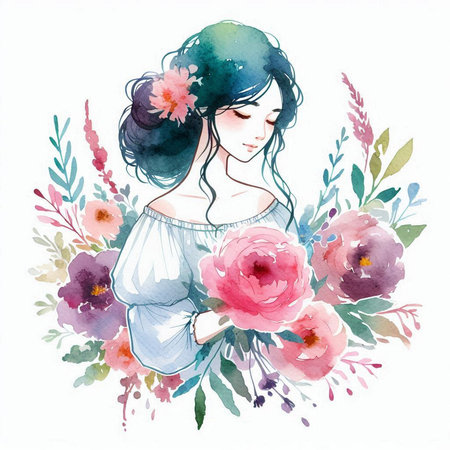 Beautiful girl with flowers, watercolor illustration on a white backgroundの素材