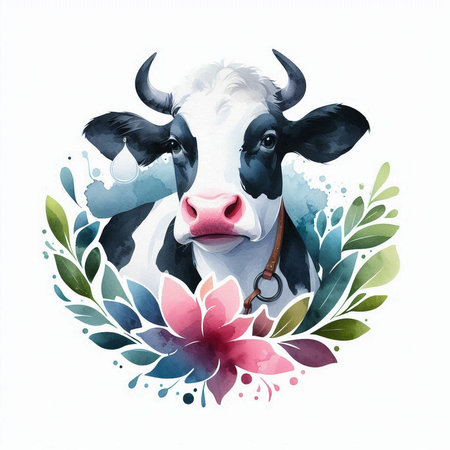 Watercolor cow with flowers and leaves. Hand drawn vector illustration.の素材