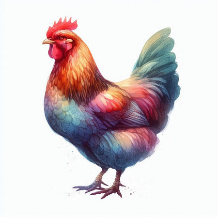 Watercolor rooster isolated on white background. Hand drawn illustration.の素材