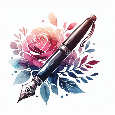 Watercolor fountain pen and rose flower. Hand drawn watercolor illustrationの素材