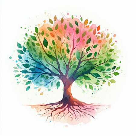 Watercolor tree with colorful leaves. Hand drawn illustration isolated on white background.の素材