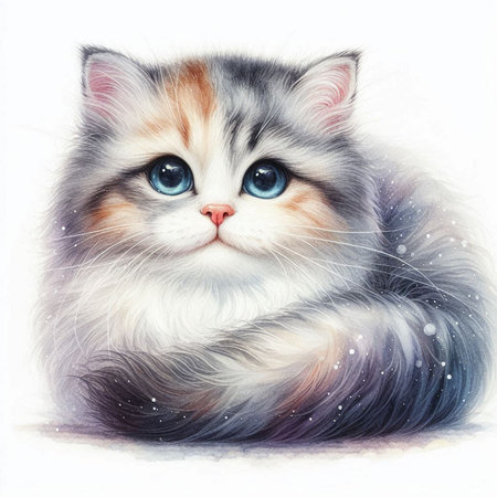 Siberian kitten with blue eyes on white background. Digital painting.の素材