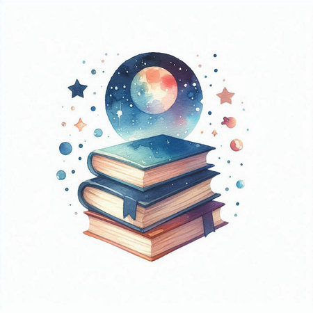 Colorful watercolor illustration of a stack of books and moon.の素材