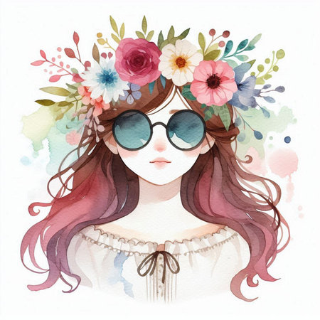 Beautiful girl with long hair and floral wreath. Watercolor illustration.の素材