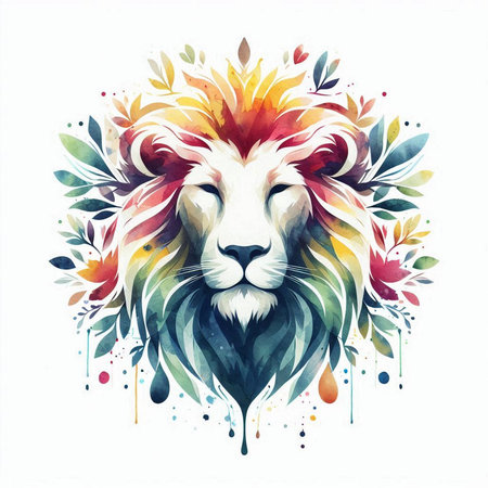 Lion head with colorful flowers and leaves. Hand drawn watercolor illustrationの素材