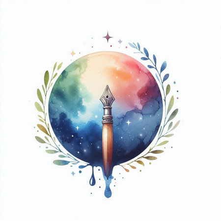 Watercolor illustration of a fountain pen with a frame of stars.の素材