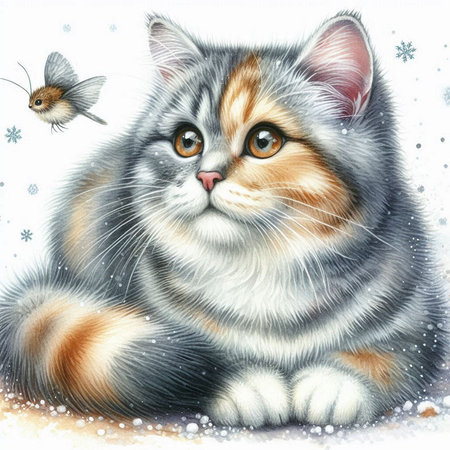 Siberian kitten with a mouse on a white background. Watercolor illustration.の素材