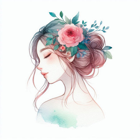 Beautiful girl with flowers in her hair. Watercolor illustration.の素材