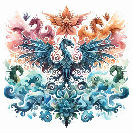 Heraldic vector pattern with stylized winged birds. Watercolor hand drawn illustrationの素材