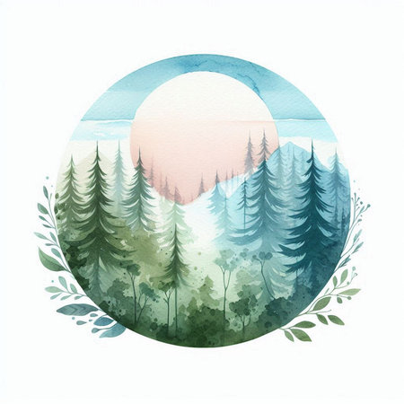 Watercolor landscape with forest and sun. Hand painted illustration. Vector.の素材