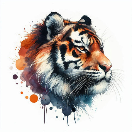 Watercolor portrait of a tiger. Hand-drawn illustration on white backgroundの素材