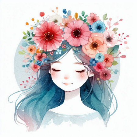 Beautiful girl with flowers in her hair. Watercolor illustration.の素材