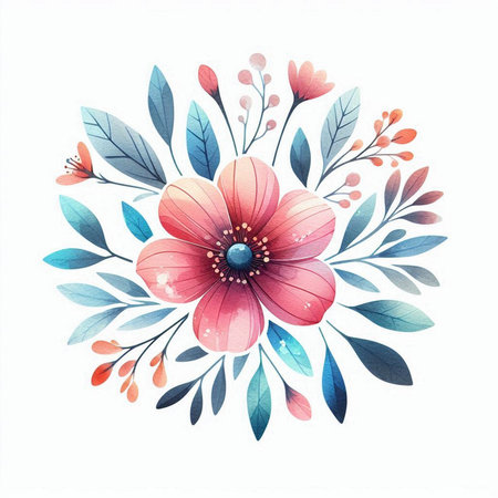 Watercolor floral bouquet with pink flowers and blue leaves on white backgroundの素材