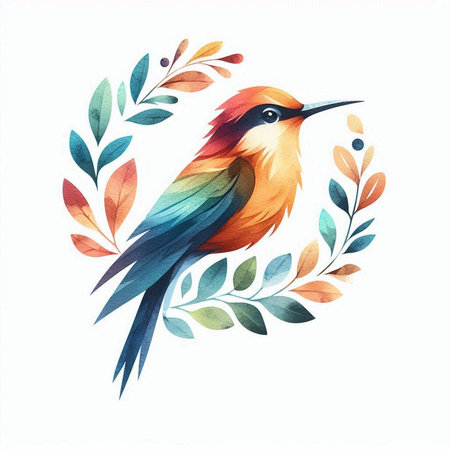 Colorful bird with floral ornament on white background. Watercolor illustration.の素材