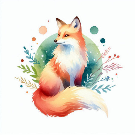 Cute watercolor fox. Hand drawn illustration isolated on white backgroundの素材