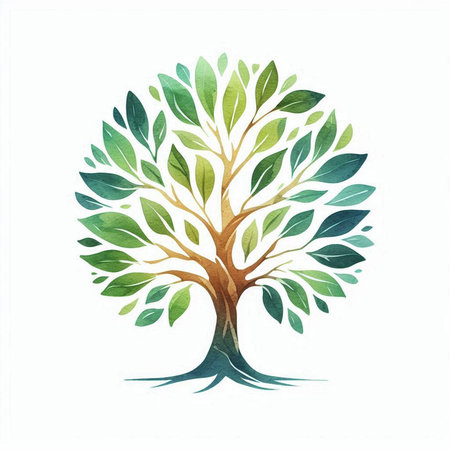 Watercolor tree with green leaves isolated on white background. Vector illustrationの素材