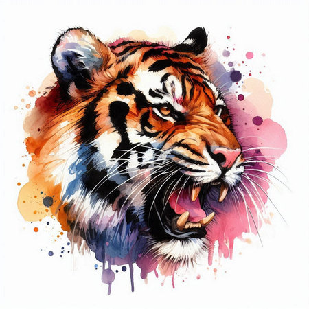 Watercolor illustration of a tiger on a white background with blotsの素材