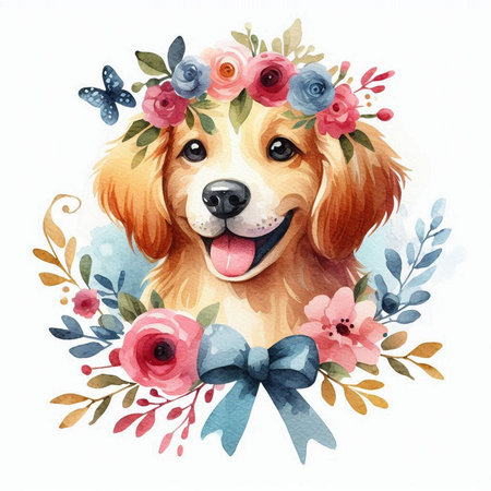 Watercolor portrait of a dog in a wreath of flowers.の素材