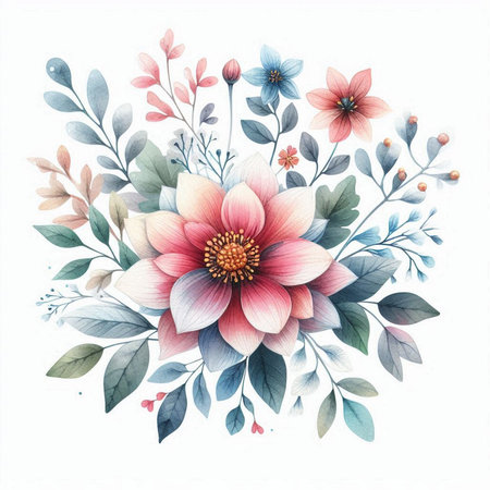 Hand drawn watercolor floral bouquet with dahlias and leaves isolated on white backgroundの素材