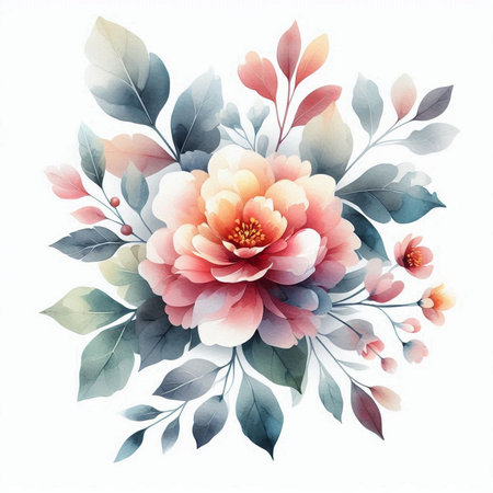 Watercolor peony flower bouquet. Hand painted floral composition.の素材