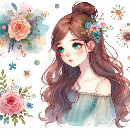Beautiful girl with long hair and flowers. Watercolor illustration.の素材