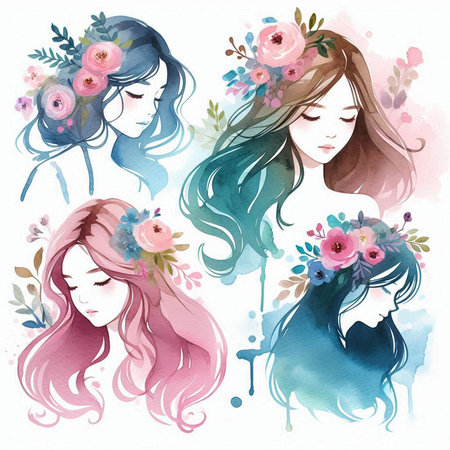 Beautiful girls with flowers in their hair. Watercolor illustration.の素材
