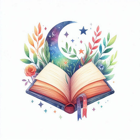 Watercolor illustration of an open book with a crescent, stars and flowers.の素材