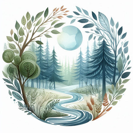 Forest landscape with river, trees and moon. Watercolor illustration.の素材