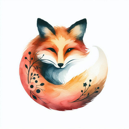 Watercolor fox with floral ornament on white background. Hand drawn illustrationの素材