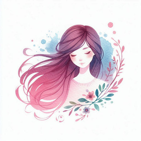 Beautiful girl with long hair, watercolor illustration on white backgroundの素材
