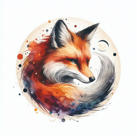 Watercolor painting of a fox in a circle. Vector illustration.の素材