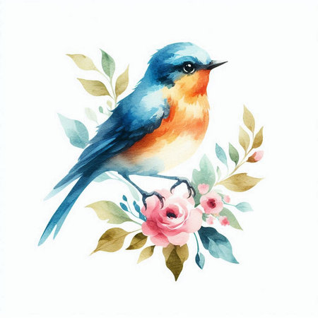 Beautiful watercolor illustration with a blue bird on a white backgroundの素材