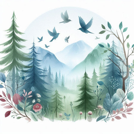 Watercolor landscape with mountains, forest, flowers and birds. Hand drawn illustrationの素材