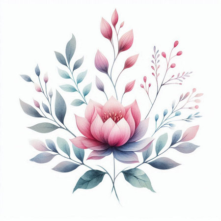 Beautiful watercolor illustration with lotus flower and floral elements.の素材