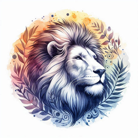 Lion head. Hand drawn watercolor illustration on white background.の素材