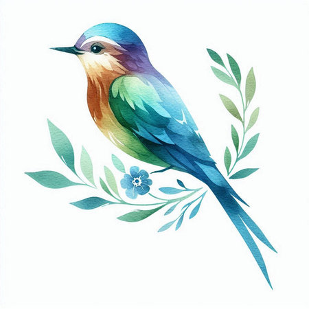 Watercolor illustration of a bird on a branch with leaves and flowersの素材