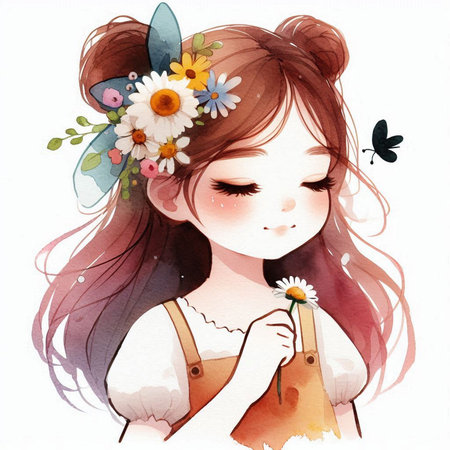 Beautiful girl with flowers in her hair. Watercolor illustration.の素材