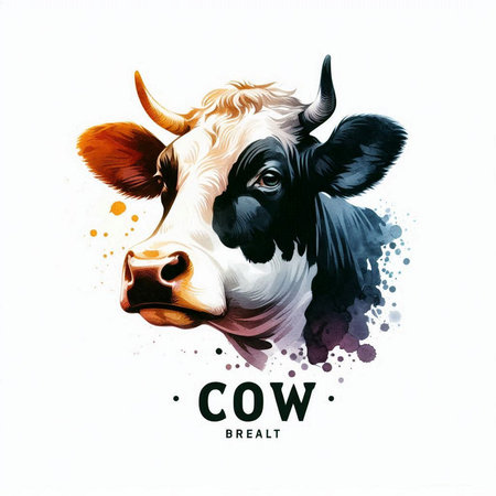 Cow head with watercolor splashes on white background. Vector illustration.の素材